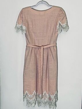 Vtg William Pearson Pink Belted Linen Dress Floral Lace Details Pristine sz 6